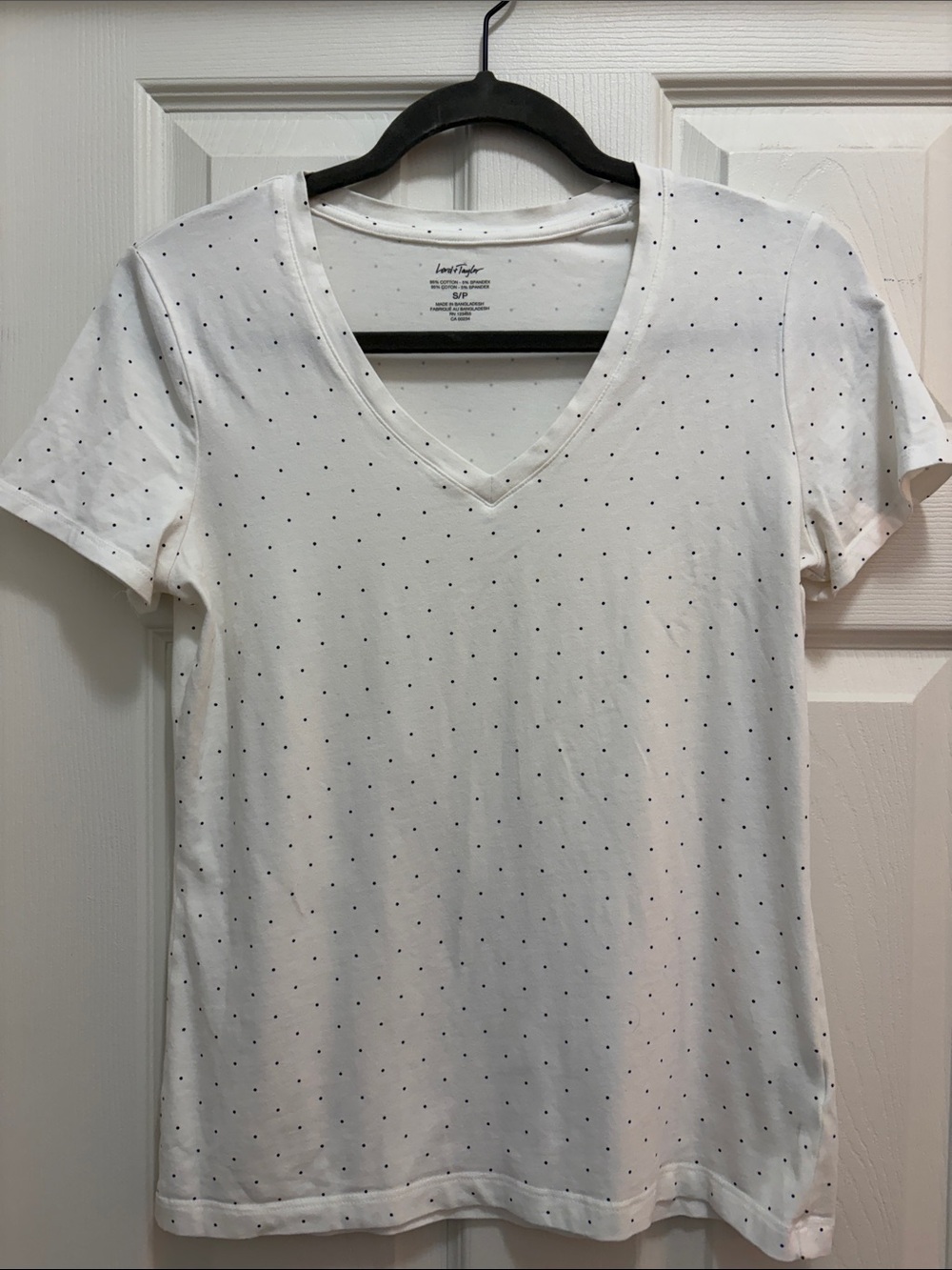 Lord & Taylor White V-Neck Tee with Black Micro Dots